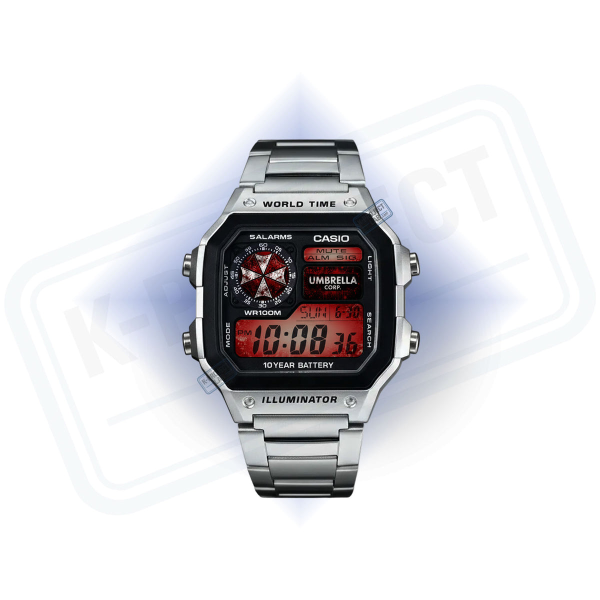 Casio AE-1200 Outbreak Protocol teräksisenä edestä, puna-valkoinen tunnus kellotaulussa, K-Project Labilta