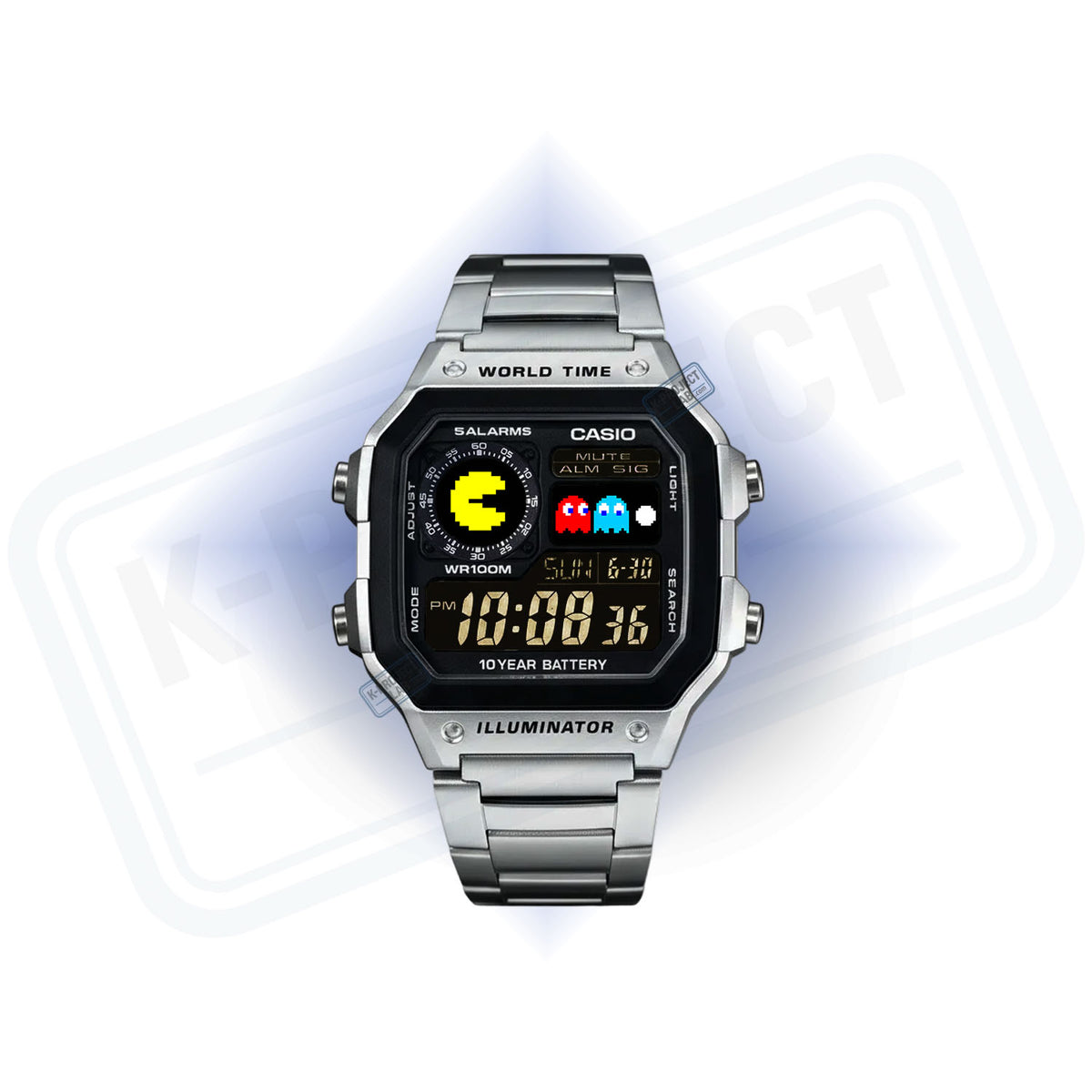 Casio AE-1200 Pixel Chase teräksisenä edestä, keltainen pikselihahmo kellotaulussa, K-Project Labilta