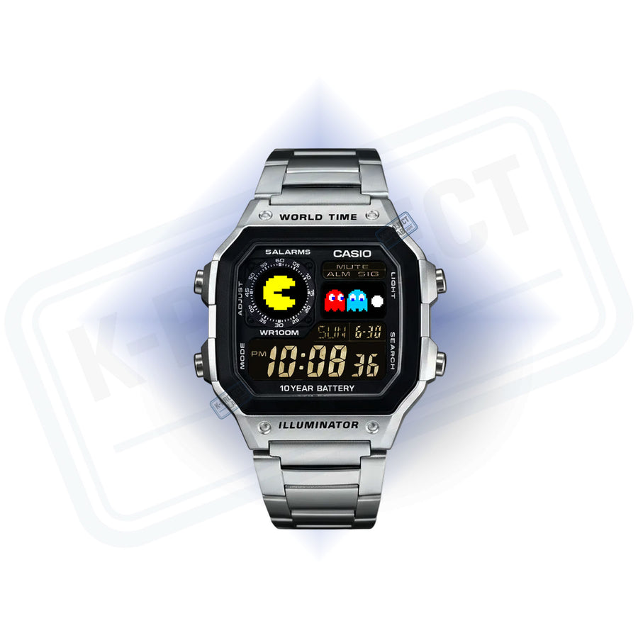 Casio AE-1200 Pixel Chase in staal vooraanzicht, geel pixelfiguurtje op de wijzerplaat, van K-Project Lab