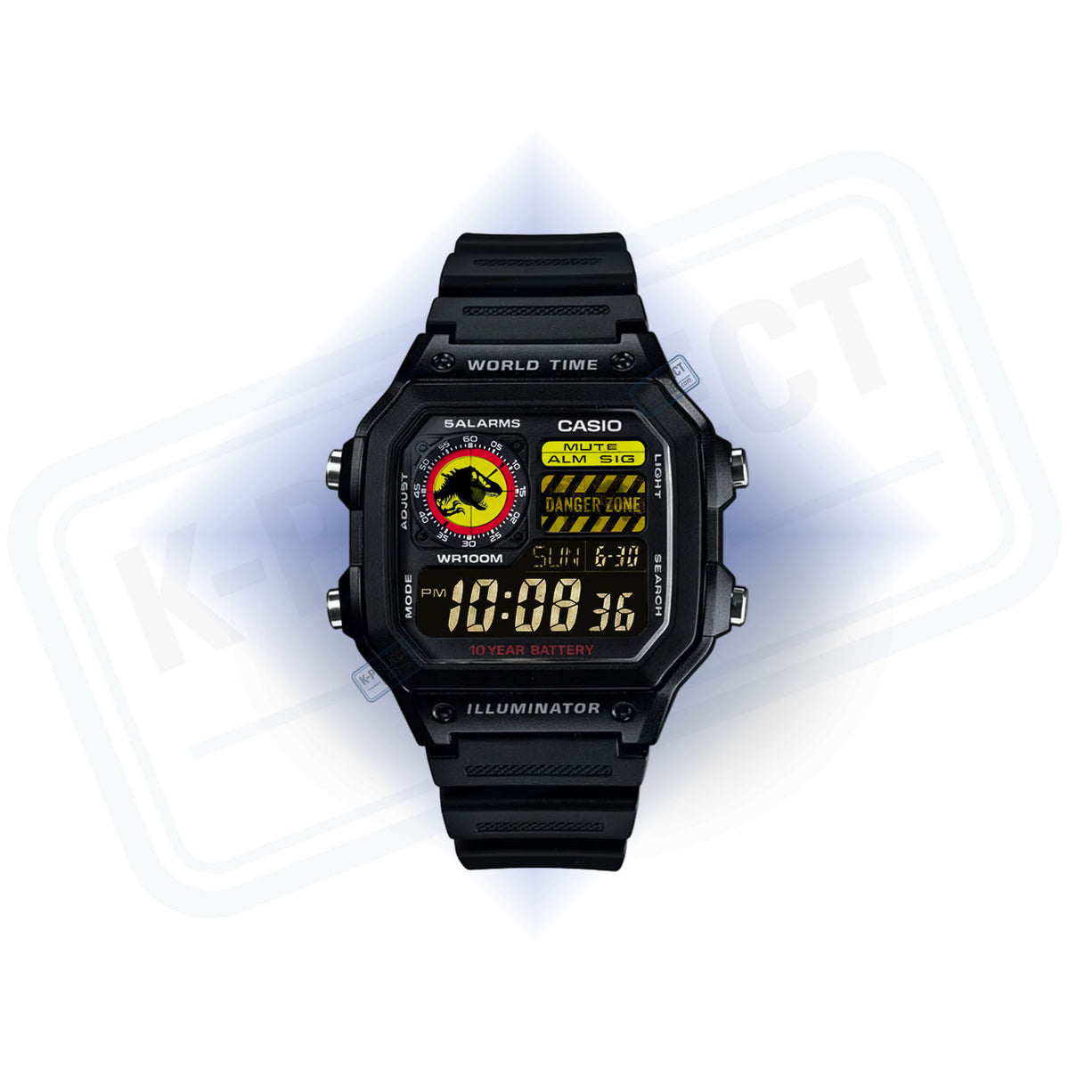 Casio AE-1200 Raptor Sector in schwarzem Resin frontal, Dinosaurier-Emblem auf bernsteinfarbenem Display, von K-Project Lab