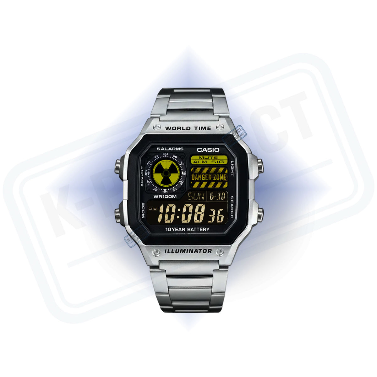 Casio AE-1200 Reactor Sector in Stahl von vorne, gelbes Radioaktiv-Symbol auf dem Zifferblatt, von K-Project Lab