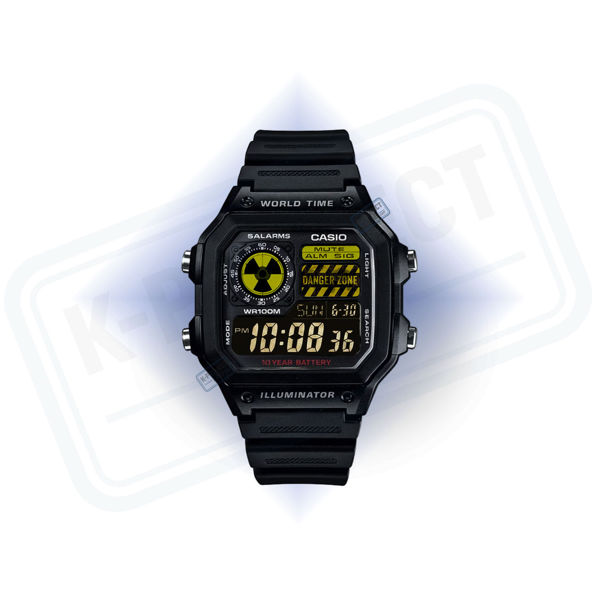 Casio AE-1200 Reactor Sector in schwarzem Resin von vorne, gelber Danger-Zone-Warnhinweis von K-Project Lab