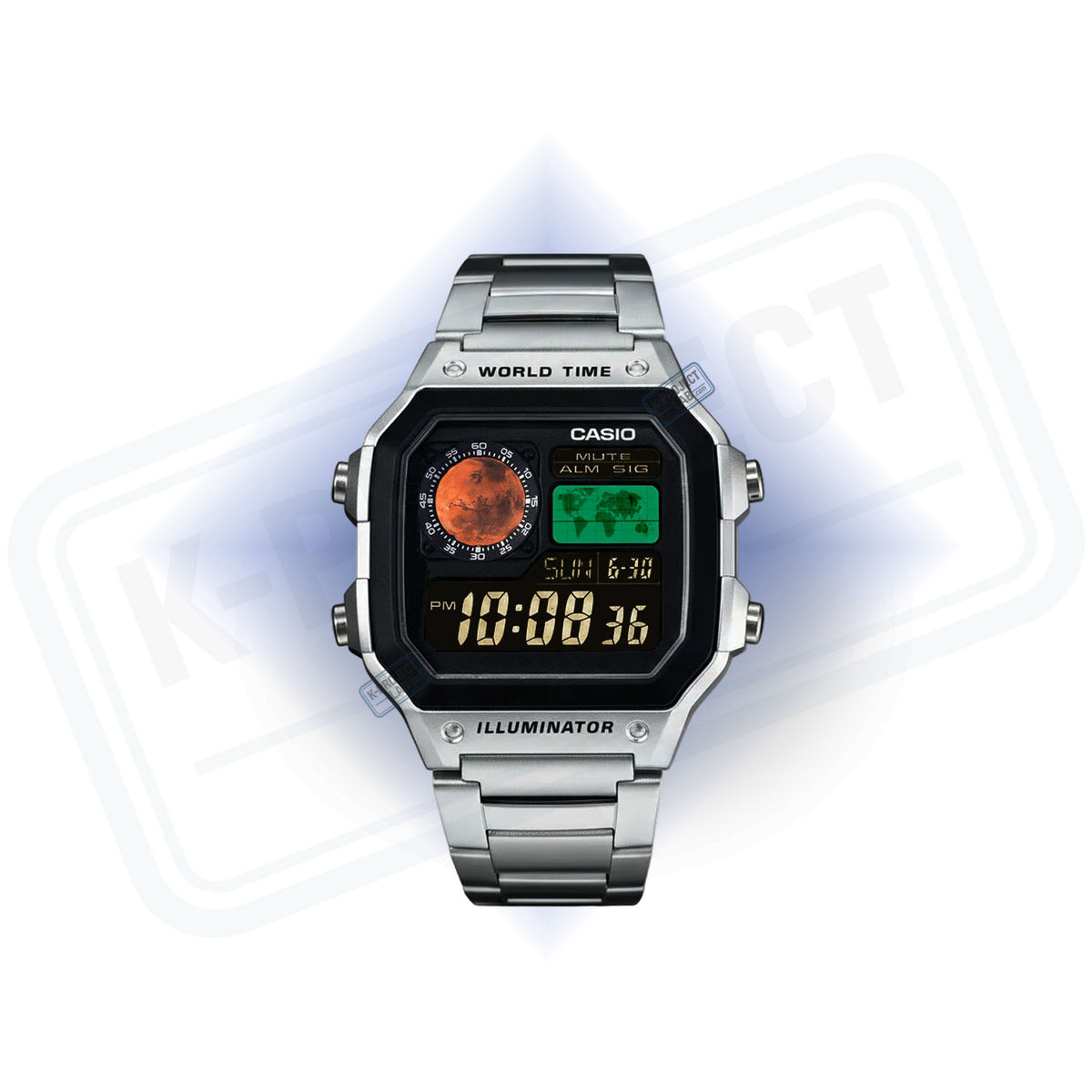 Casio AE-1200 Red Dominion in Stahl von vorne, roter Planet und grüne Karte, von K-Project Lab