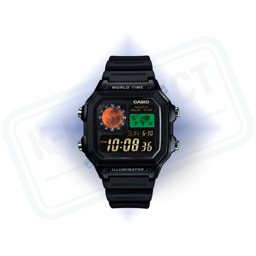Casio AE-1200 Red Dominion in zwarte resin van voren, wijzerplaat met rode planeet van K-Project Lab