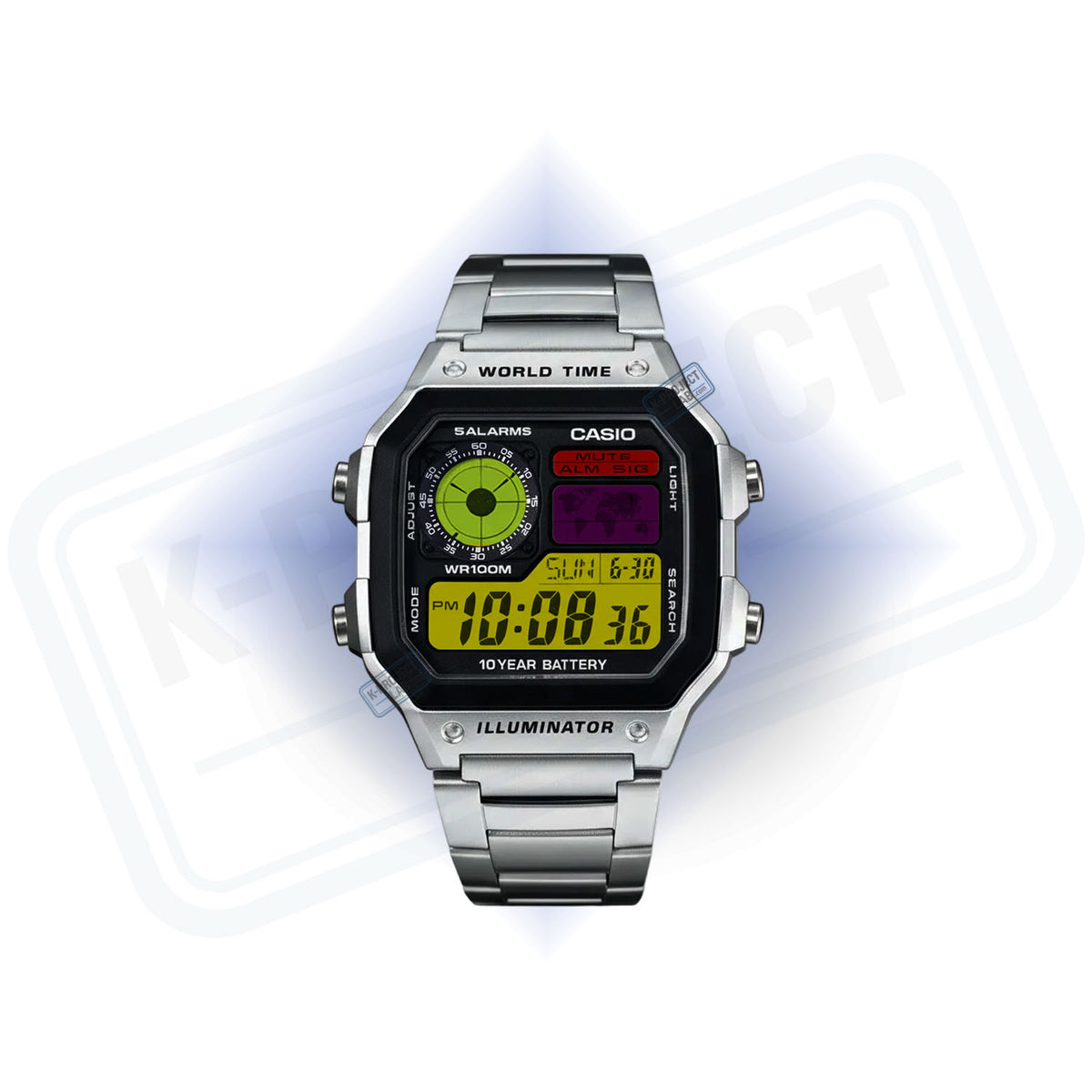 Casio AE-1200 Retro Frequency in Stahl von vorne, mehrfarbiges Display in Grün, Rot und Gelb von K-Project Lab