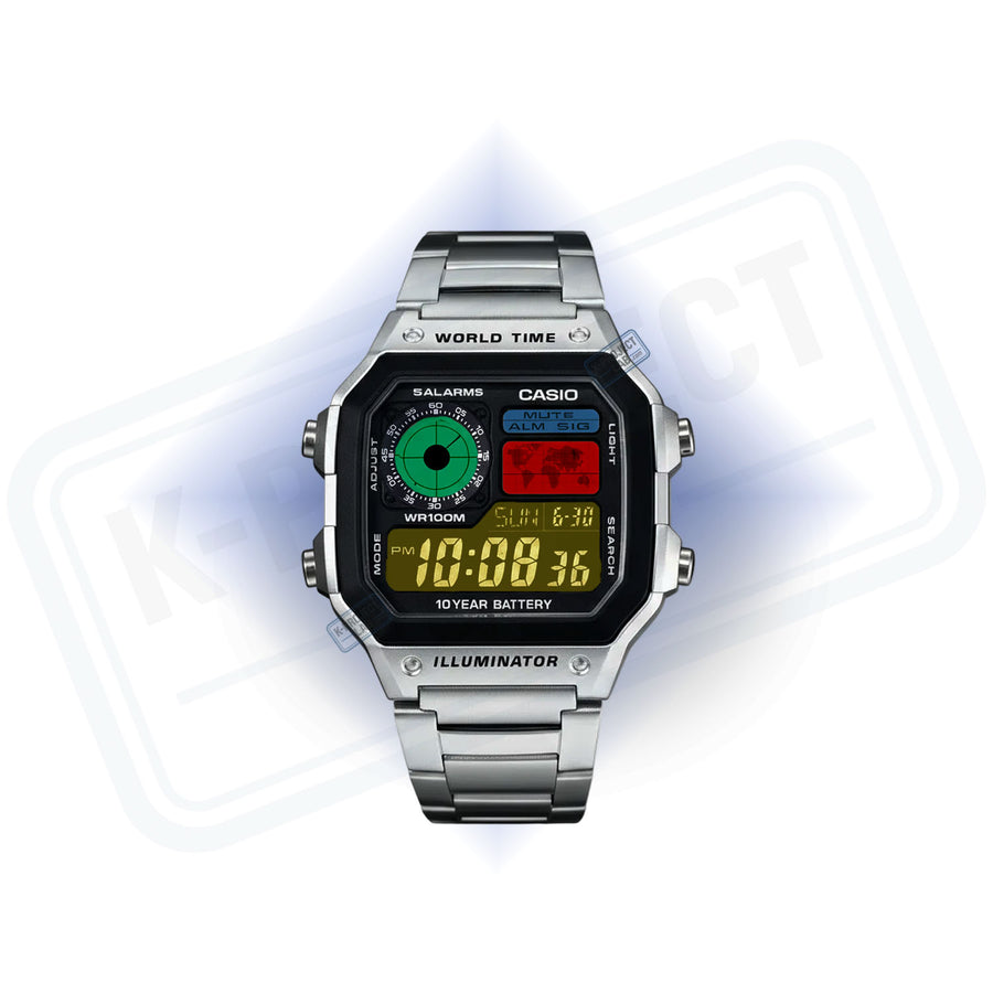 Casio AE-1200 Retro Console Amber Negative in staal van voren, negatief display en groene wijzerplaat van K-Project Lab