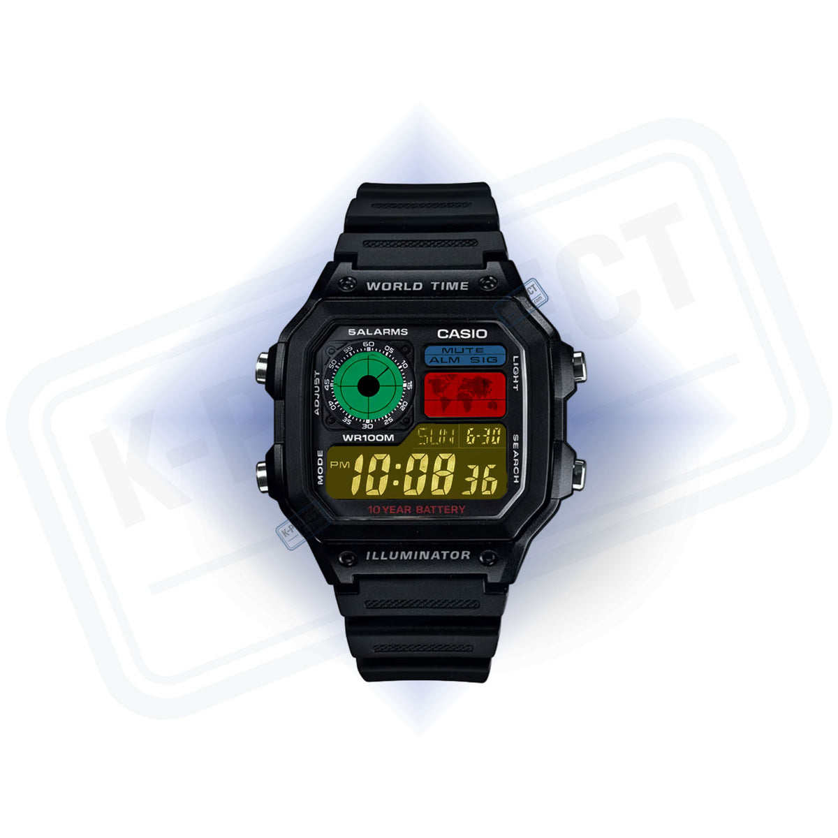 Casio AE-1200 Retro Console Amber Negative in schwarzem Resin von vorne, grünes Radar und rotes Feld, von K-Project Lab