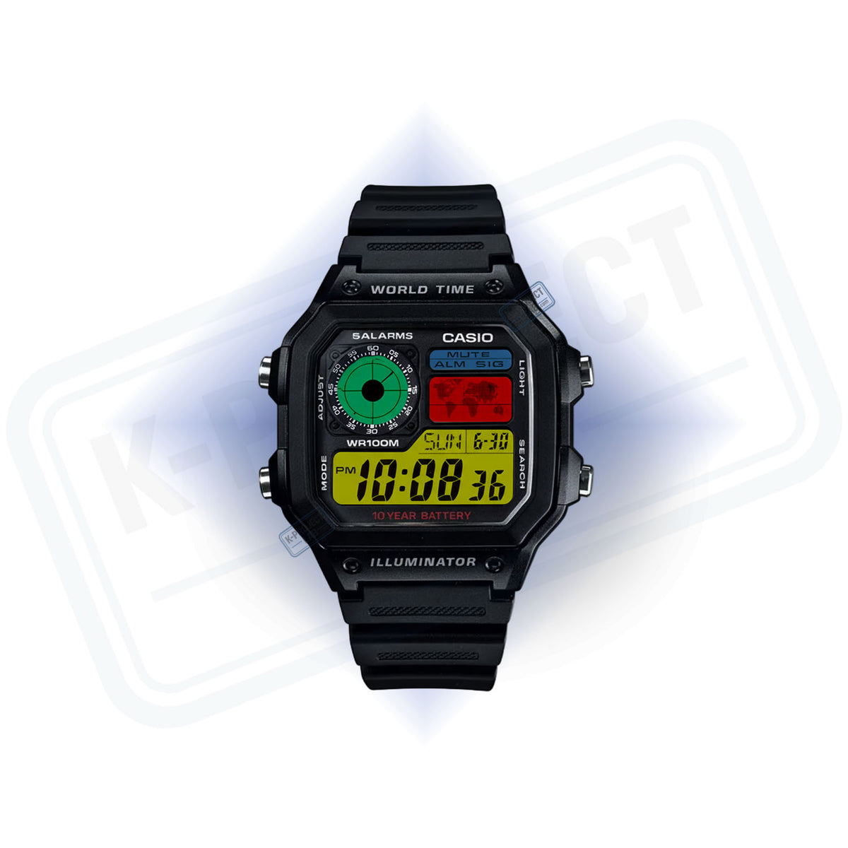 Casio AE-1200 Retro Console in schwarzem Resin von vorne, gelbe Ziffern und grünes Radar-Zifferblatt von K-Project Lab