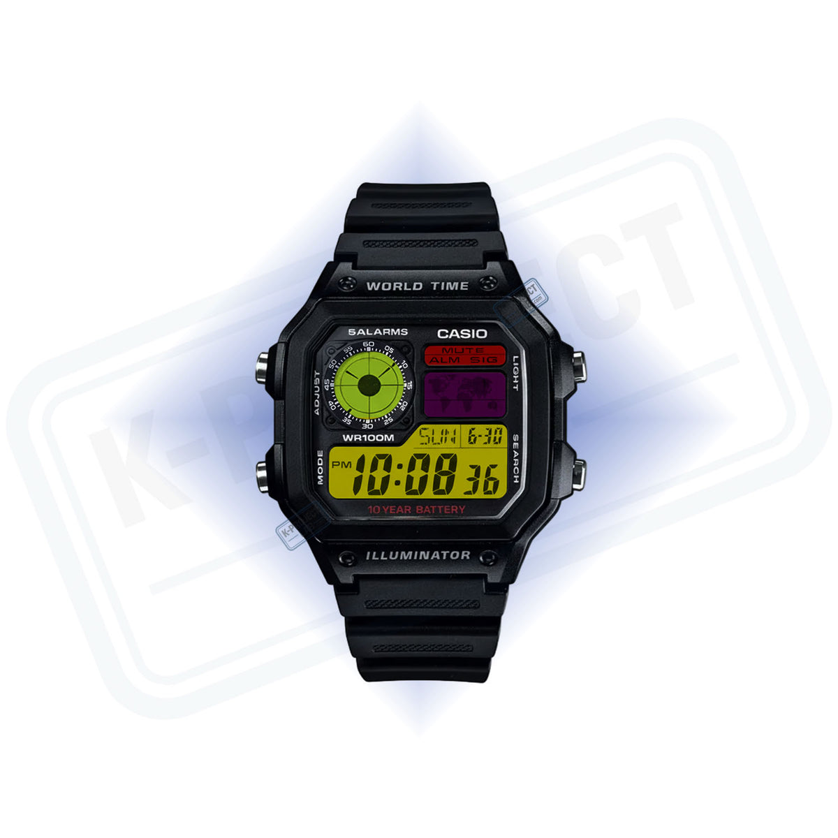 Casio AE-1200 Retro Frequency in schwarzem Resin von vorne, limettengrünes Radar und gelbe Ziffern, von K-Project Lab