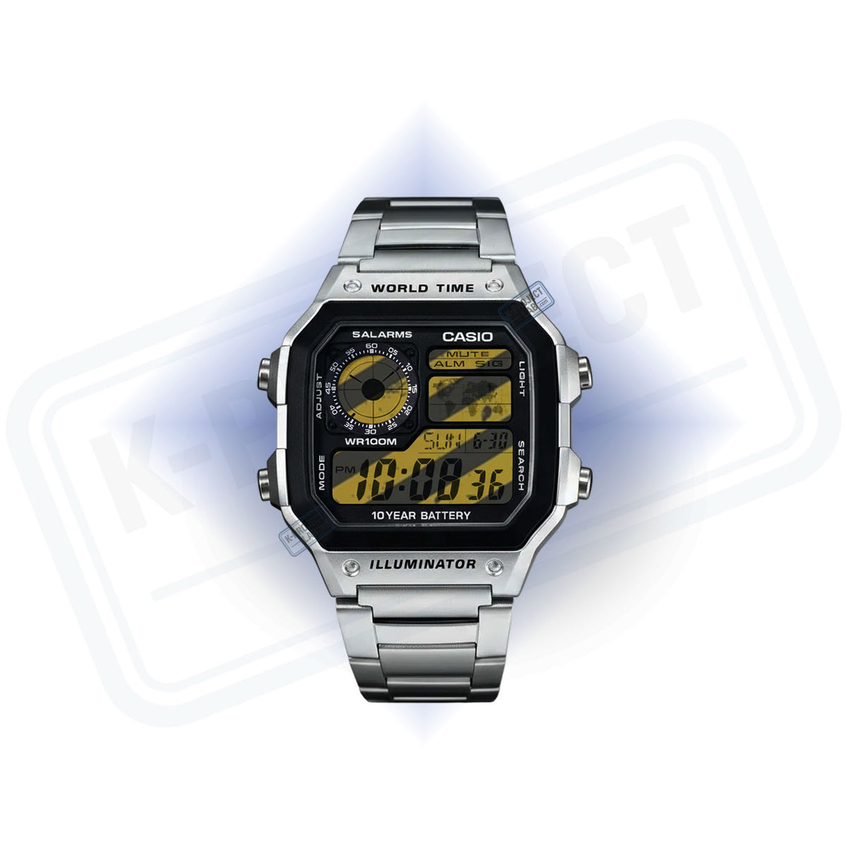 Casio AE-1200 Sector 07 Hazard in Stahl von vorne, mit gelbem Warn-Display von K-Project Lab