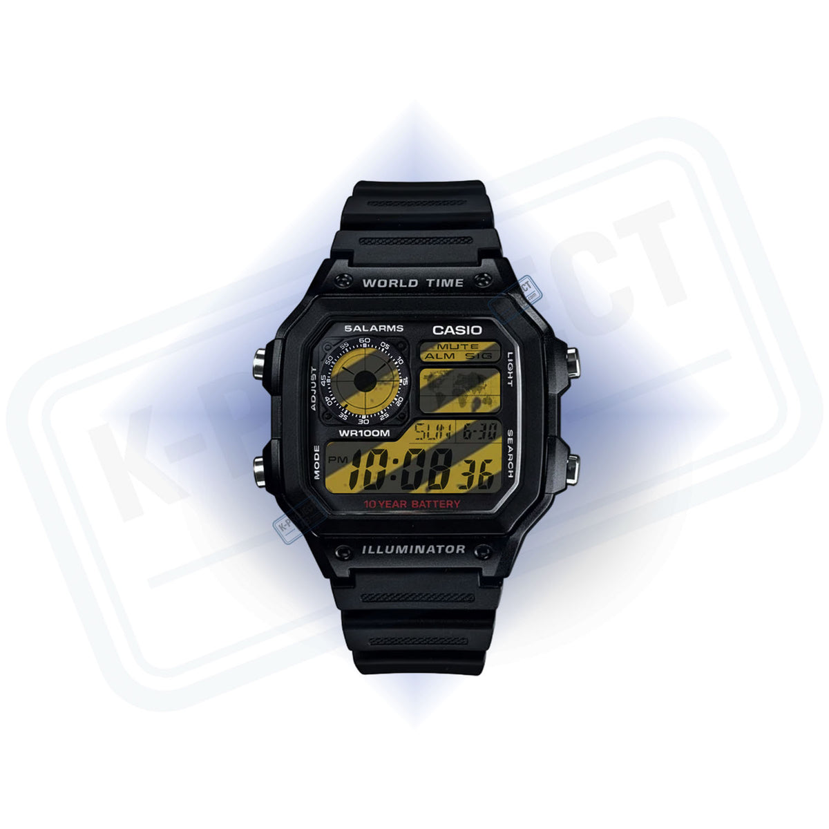 Casio AE-1200 Sector 07 Hazard in schwarzem Resin frontal, gelbes Display und Radar-Zifferblatt, von K-Project Lab