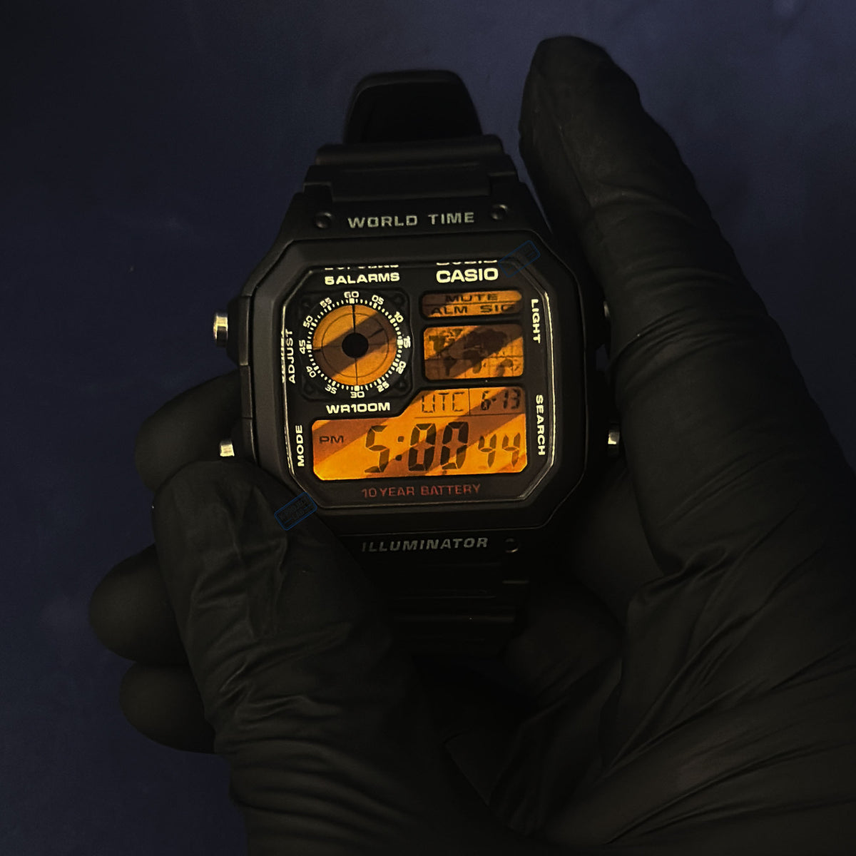 Casio AE-1200 Sector 07 Hazard in schwarzem Resin, mit bernsteinfarbenem Backlight, von K-Project Lab