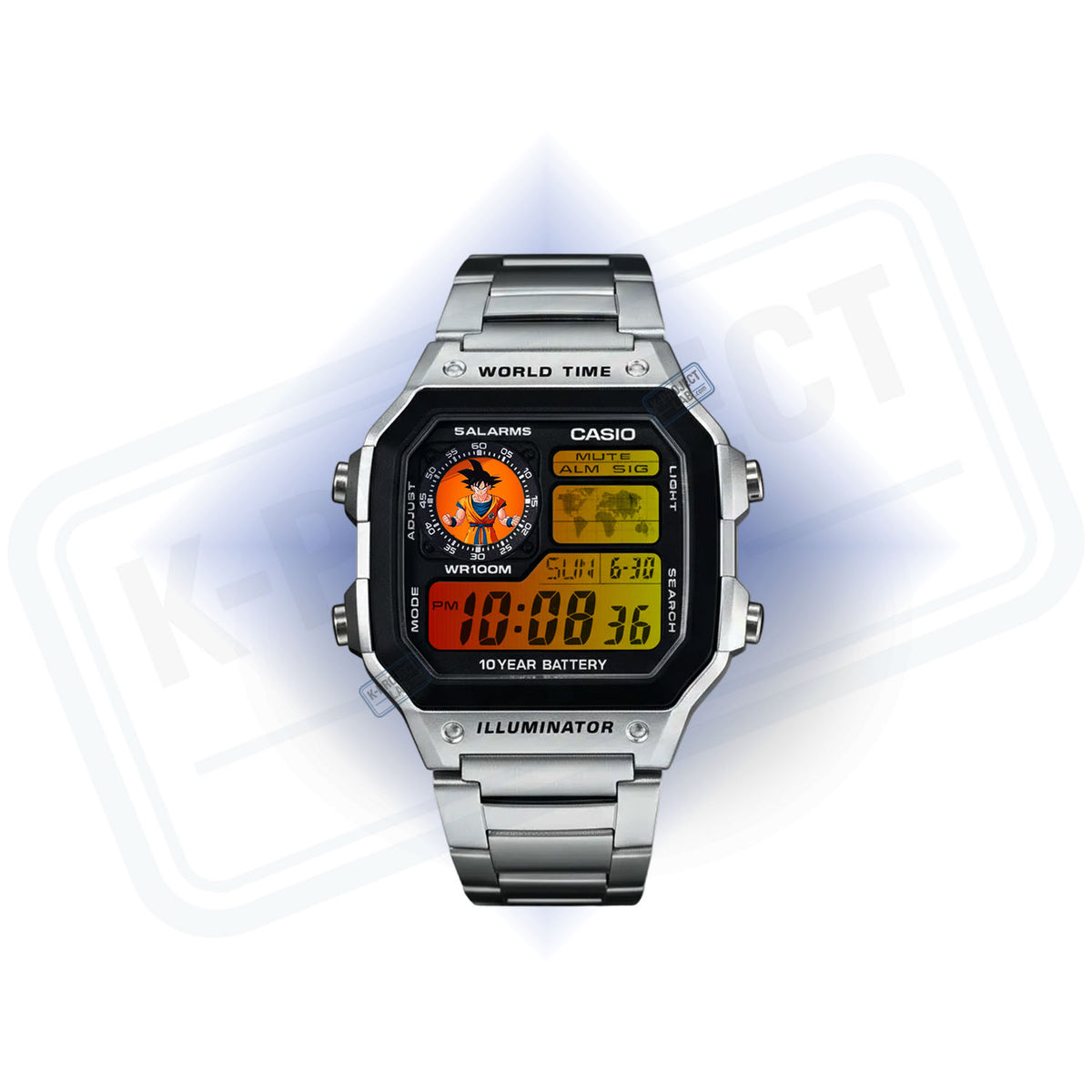 Casio AE-1200 Saiyan Signal in Stahl, von vorn, Anime-Figur auf dem Zifferblatt und oranges Display, von K-Project Lab