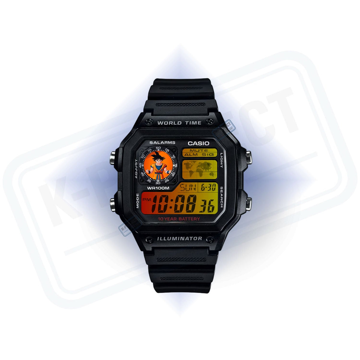 Casio AE-1200 Saiyan Signal in schwarzem Resin von vorne, Anime-Figur und warmer Farbverlauf, von K-Project Lab
