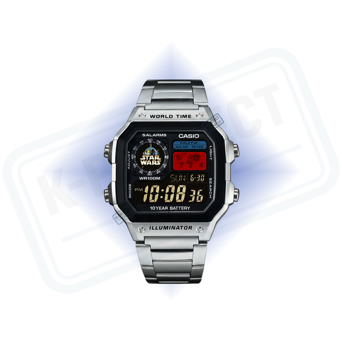 K-Project Labin Casio AE-1200 Imperial Wars teräksisenä, edestä kuvattuna, kultainen tunnus ja punasiniset raidat