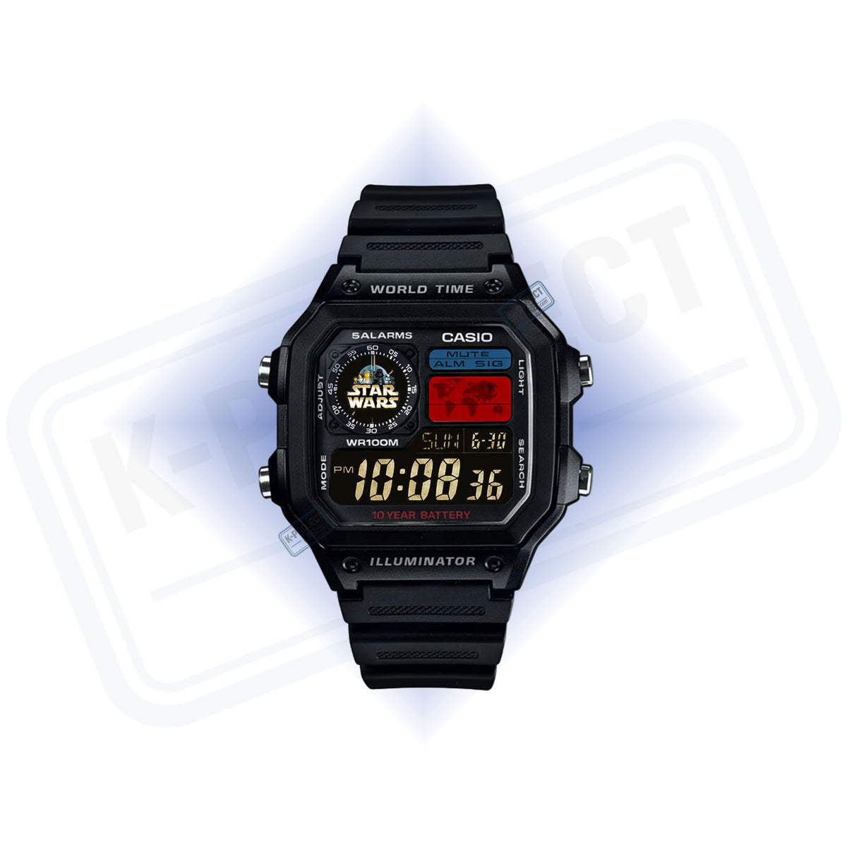Casio AE-1200 Imperial Wars mustana hartsina edestä, kultainen tunnus ja punaiset yksityiskohdat, K-Project Labilta