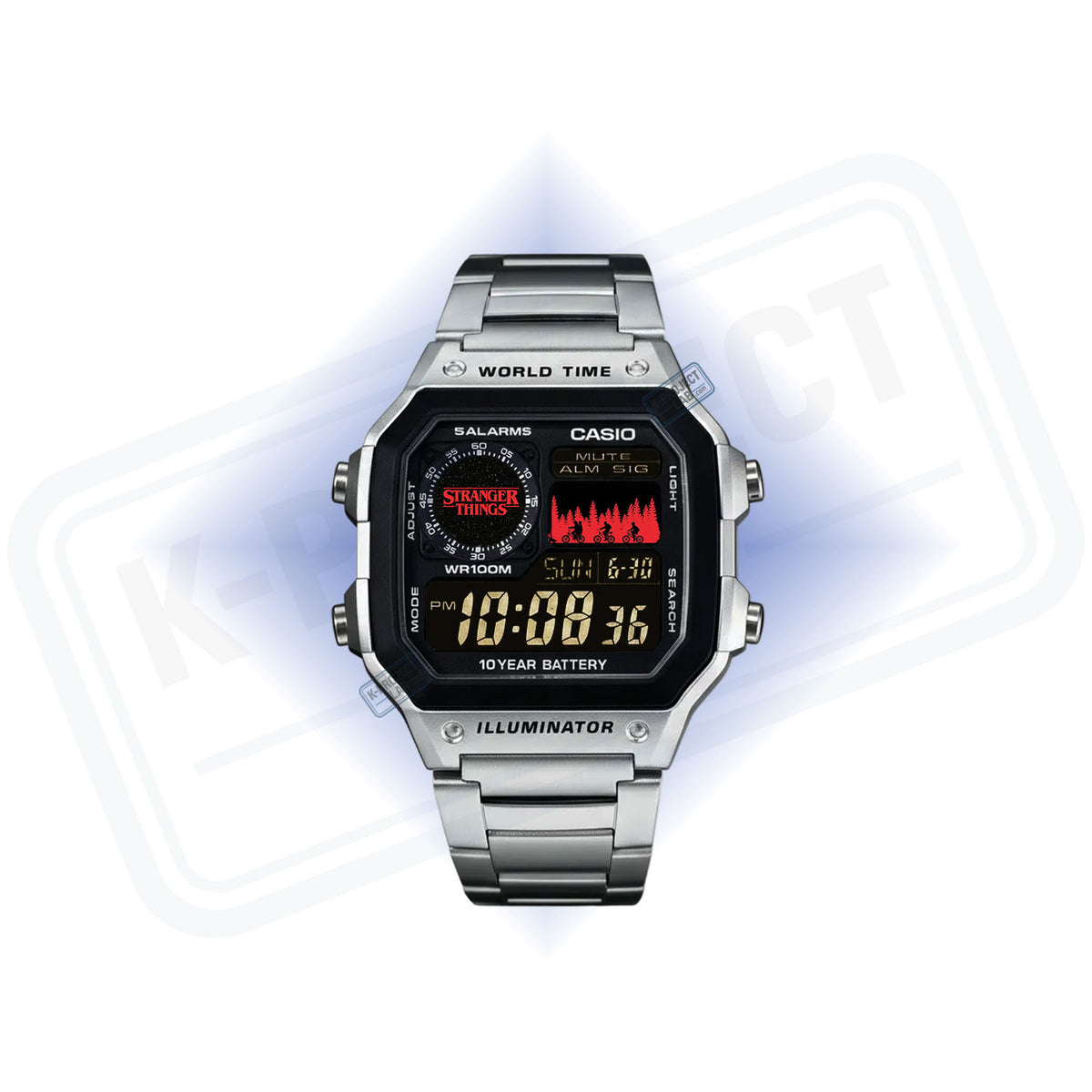 Casio AE-1200 Upside Down Signal in Stahl von vorne, rotes Logo auf dem Zifferblatt, von K-Project Lab