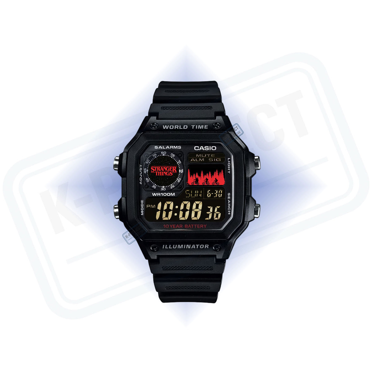 Casio AE-1200 Upside Down Signal in schwarzem Resin von vorne, Zifferblatt mit roten Flammen von K-Project Lab