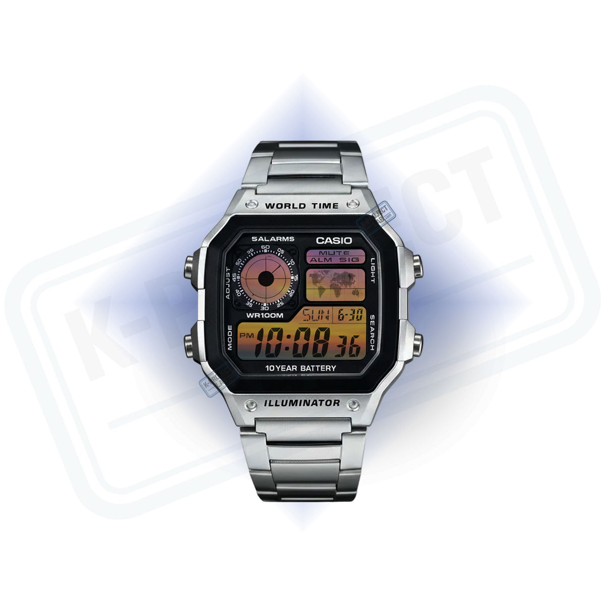 Casio AE-1200 Sunset Horizon in Stahl von vorne, Display im bernsteinfarbenen Sonnenuntergang, von K-Project Lab