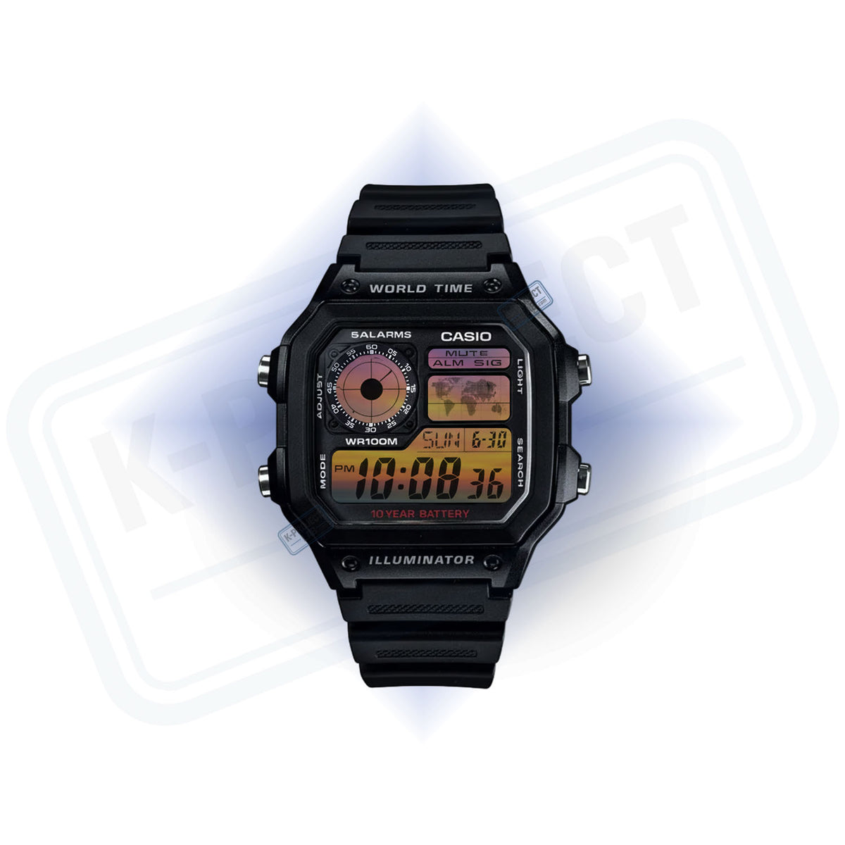Casio AE-1200 Sunset Horizon in schwarzem Resin von vorne, Radar-Zifferblatt und Display in Bernstein von K-Project Lab