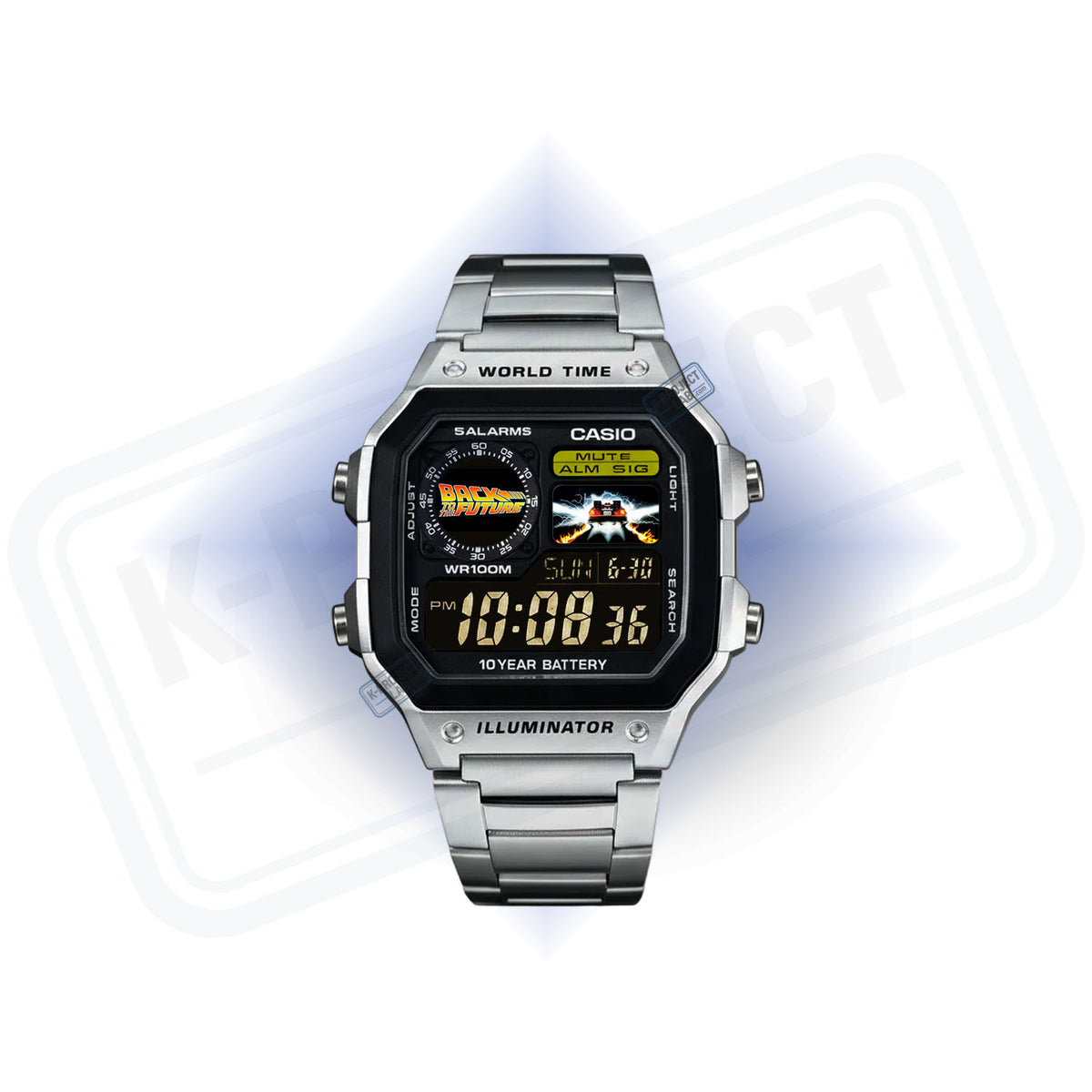 Casio AE-1200 Timeflux in Stahl, von vorn, Zifferblatt mit Retro-Logo in Rot und Gelb, von K-Project Lab