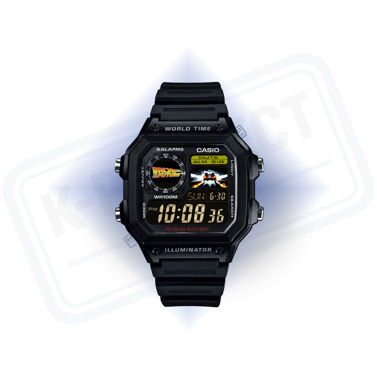 Casio AE-1200 Timeflux in schwarzem Resin frontal, dunkles Retro-Display mit bernsteinfarbenen Ziffern, von K-Project Lab