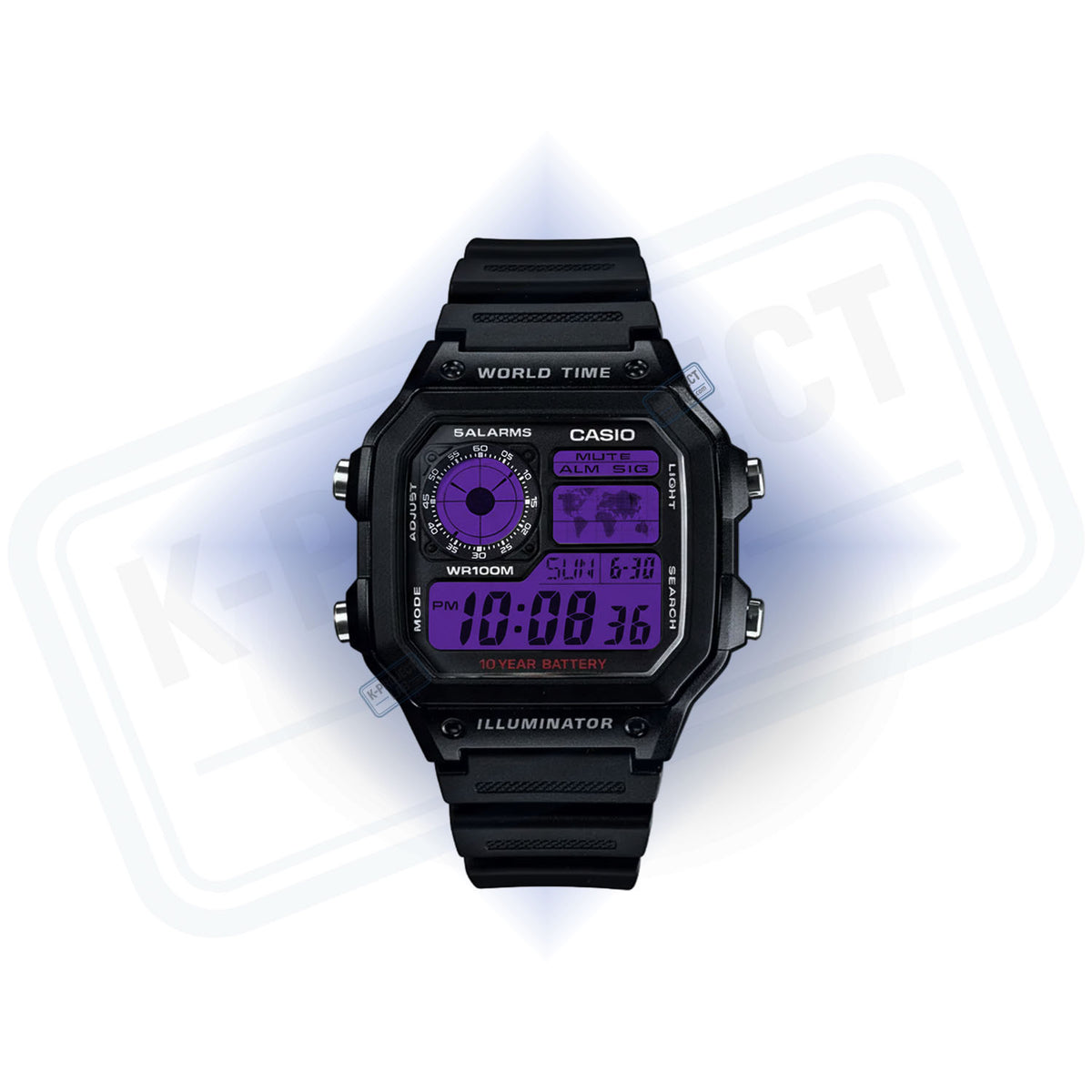 Casio AE-1200 Violet Spectrum in schwarzem Resin von vorne, Display in Violett, von K-Project Lab