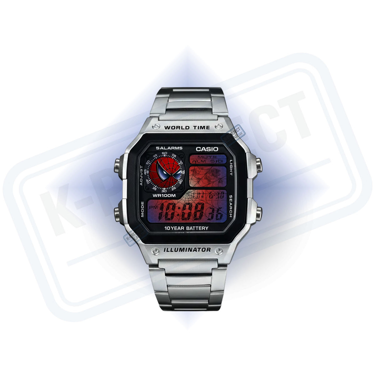 Casio AE-1200 Webhead i stål framifrån, med röd display och spindelnätsmönster från K-Project Lab