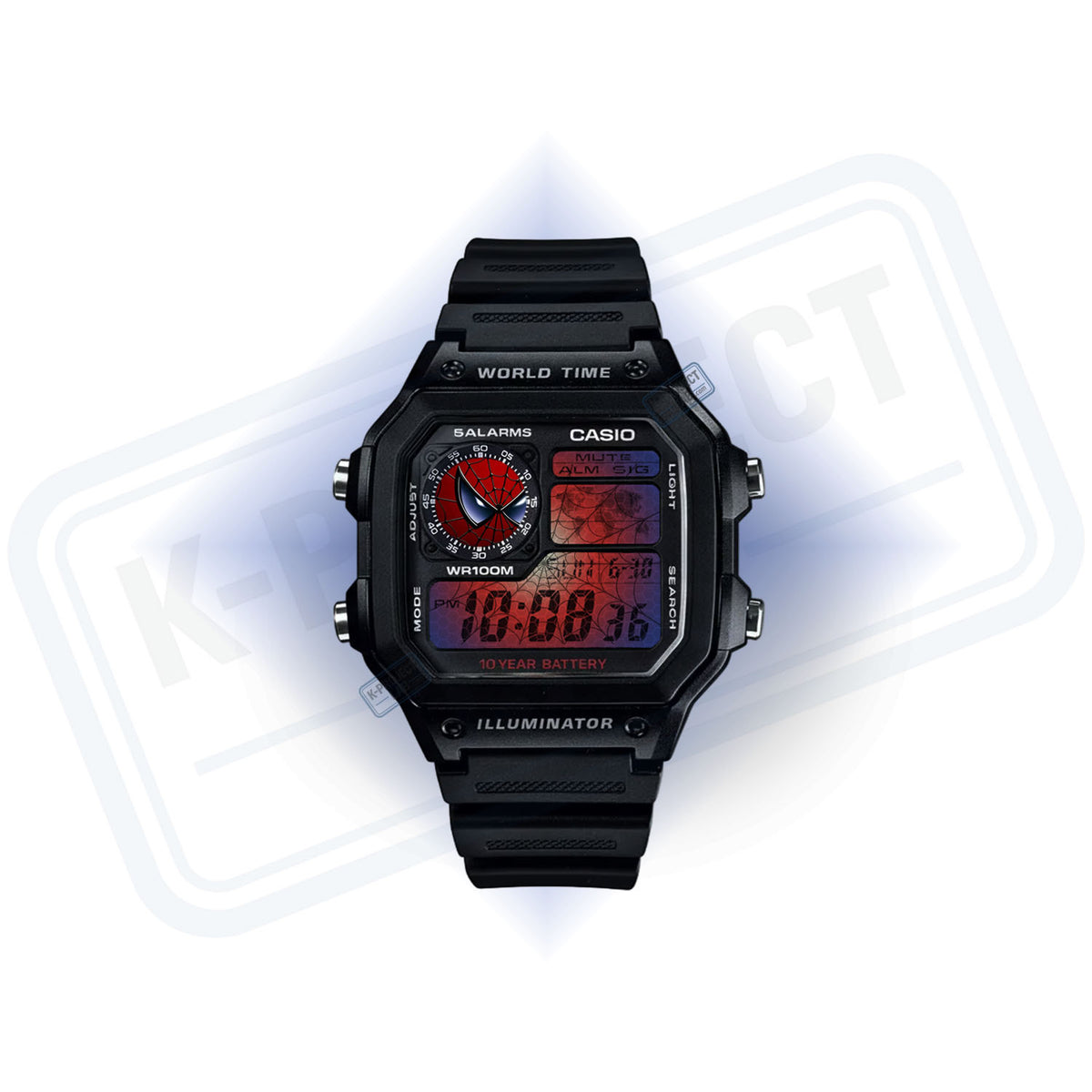 Casio AE-1200 Webhead i svart resin, framifrån, spindelemblem och röd display, från K-Project Lab