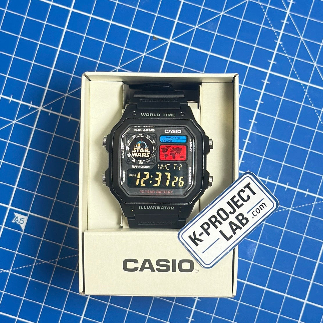 Casio AE-1200 Imperial Wars mustana hartsina alkuperäisessä Casio-rasiassaan, K-Project Labin muokkaama